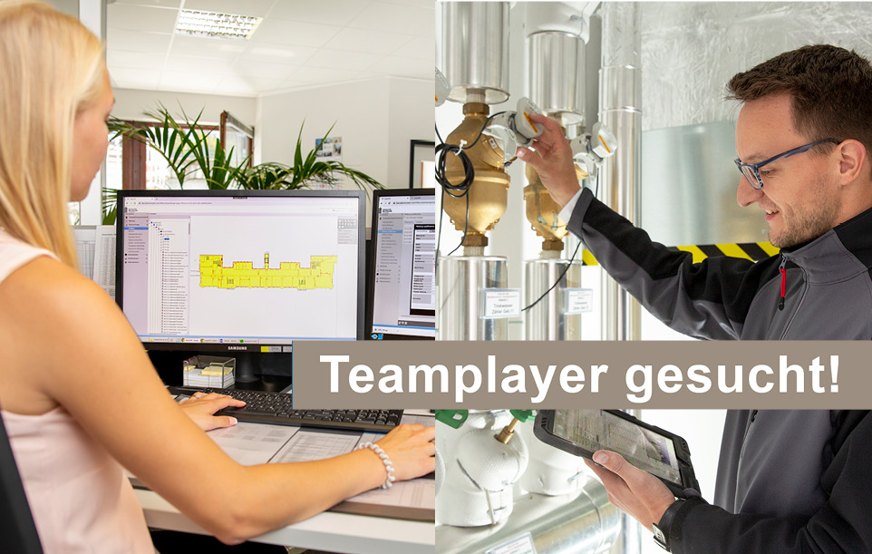 Ein Foto einer Frau am Schreibtisch und ein Foto eines Mannes an technischen Geräten. Text: Teamplayer gesucht