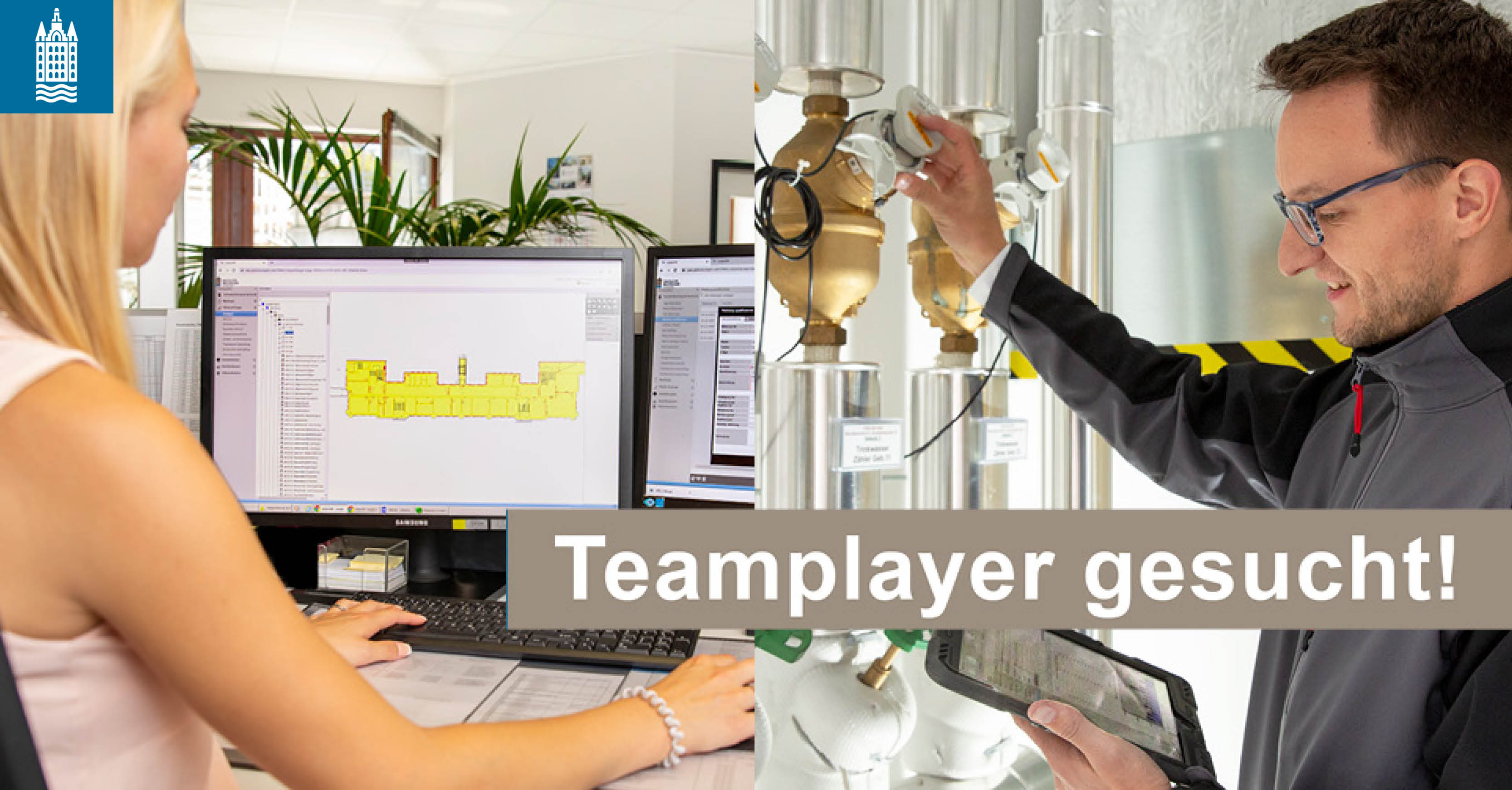 Ein Foto einer Frau am Schreibtisch und ein Foto eines Mannes an technischen Geräten. Text: Teamplayer gesucht